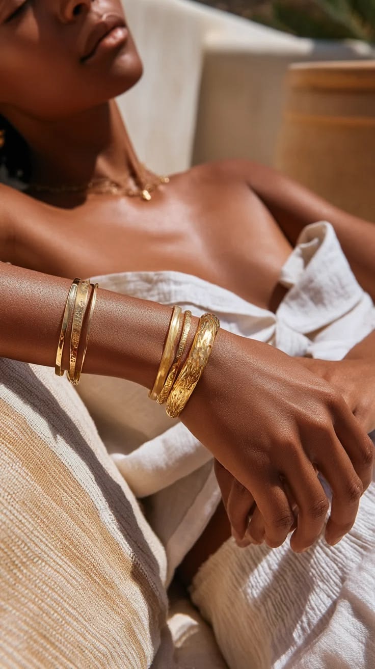 Stacked gold bangles on wrist