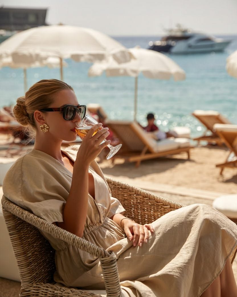 Woman in sunglasses at a beach club